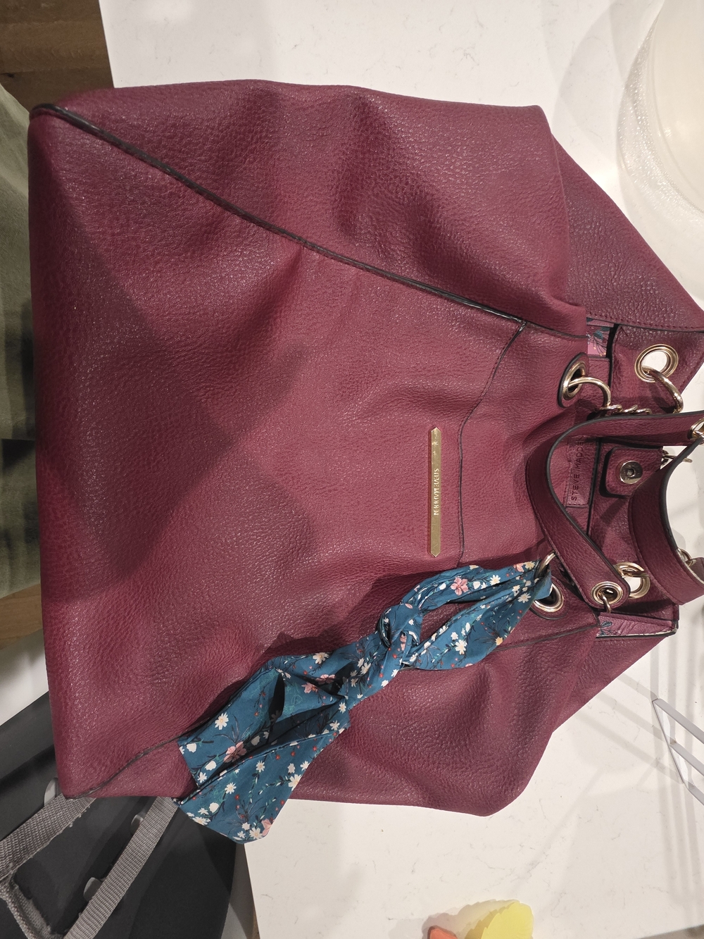Steve Madden Burgundy Leather Tote with Floral Scarf